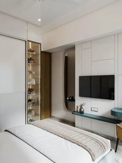 Another angle of the teenager's bedroom render, showing the integrated desk and shelving unit, curated to reflect a sophisticated yet youthful vibe.