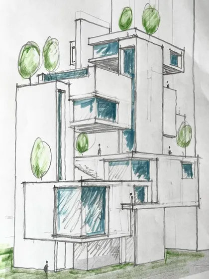 A sketch of a residential tower with offset balconies and rooftop trees.