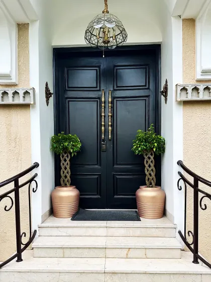 A grand entrance sets the tone for the entire home. Here, two braided Ficus trees in elegant copper-toned planters flank the main door, creating a symmetrical and sophisticated welcome for residents and guests.
