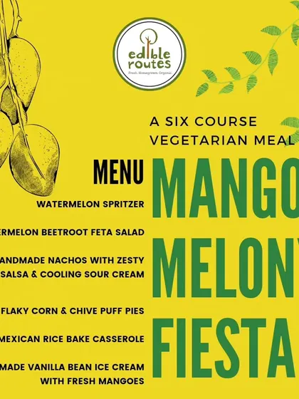 The mouth-watering menu for our Mango-Melony Fiesta, including watermelon spritzer, mango salsa with nachos, and handmade vanilla bean ice cream with fresh mangoes.