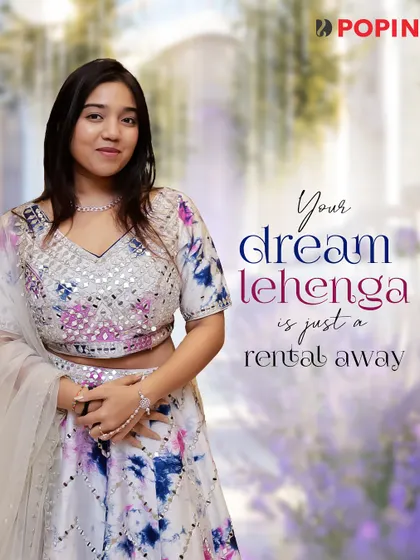 Your dream lehenga is just a rental away. This graphic showcases the unique and trendy tie-dye lehenga.