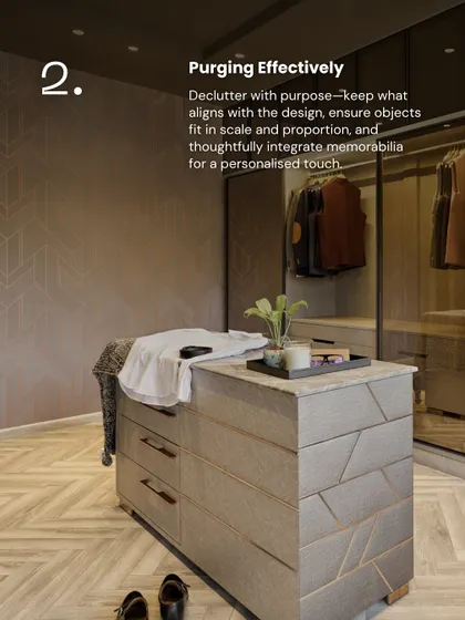 Effective purging and organization are key to a serene space. This image from our blog on decluttering shows a well-organized walk-in closet where every item has its place, aligning with the design and ensuring objects fit in scale and proportion.