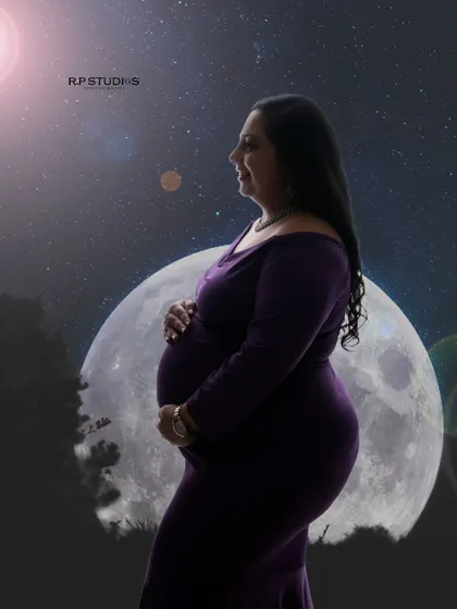 A dreamy, celestial portrait. We created this silhouette effect with a full moon backdrop, capturing the magical and mystical side of motherhood.