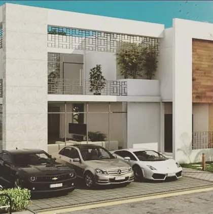 A 3D render of a residential project designed for a client in Muscat. The design features a clean, modern aesthetic with geometric screen patterns (jaali) for privacy and sun shading, blending contemporary form with traditional elements.