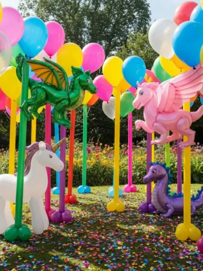 Let their imagination run wild with an outdoor party filled with magical creatures. This setup uses colorful balloon columns topped with unicorn and dragon foil balloons for a playful and enchanting atmosphere.
