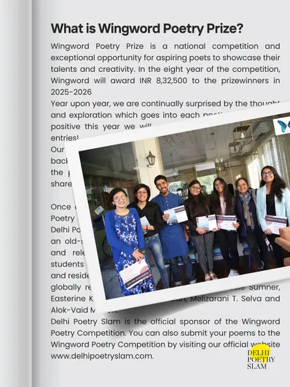 This page from one of our publications explains what the Wingword Poetry Prize is all about. It's a national competition and a vital opportunity for aspiring poets to showcase their talent, with a group of past winners pictured holding their certificates.