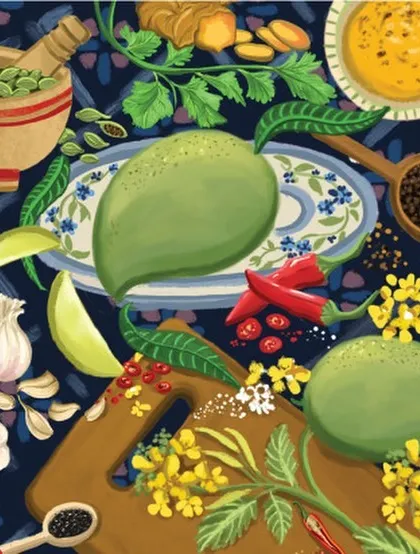 This vibrant artwork by Nandita Mukundan, filled with raw mangoes, chilies, and spices, evokes the sensory experience of creating a family pickle recipe. It's a perfect visual for the traditions we aim to preserve.