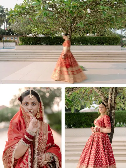 A collage of the bride in her red Sabyasachi lehenga, capturing her elegance and the beauty of the Goan wedding venue.