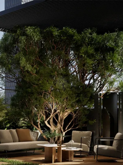A wider view of the rendered outdoor deck, showcasing how we create seamless indoor-outdoor entertainment zones, perfect for hosting.