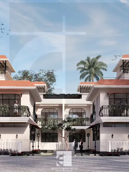 The front elevation of a proposed bungalow scheme in Tungarli, Lonavala. This design adopts a more traditional architectural language with sloping tiled roofs, elegant archways, and wrought-iron balconies to complement the local character of the area.