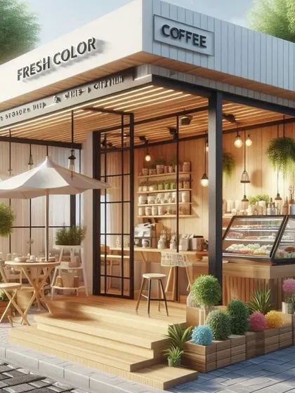 A 30 sq. meter modular coffee shop design with a warm, natural aesthetic. The wooden elements, outdoor seating, and ample greenery make it a charming spot for customers.