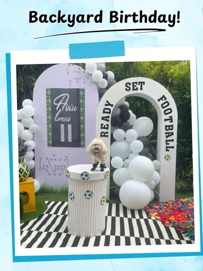 A "Backyard Birthday" concept graphic. I can transform any backyard into an amazing party space, like this football-themed setup.