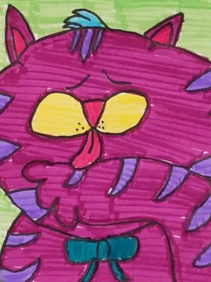 A purple cat with a bow tie. We encourage students to play with color and accessories to make each cartoon character their own.
