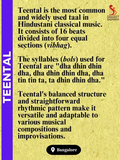 A guide to Teental, the most common 16-beat taal in Hindustani classical music. Its balanced and straightforward rhythmic pattern makes it highly adaptable for various compositions and improvisations.