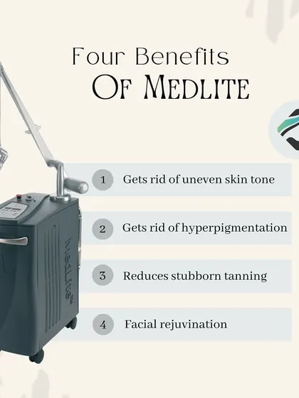 This infographic highlights four key benefits of the Medlite laser: it gets rid of uneven skin tone and hyperpigmentation, reduces stubborn tanning, and provides overall facial rejuvenation.