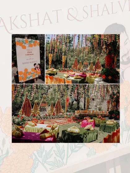 A collage showcasing the colorful and elaborate decor of a Haldi ceremony. The marigold flowers and bright drapes create a festive and traditional atmosphere.