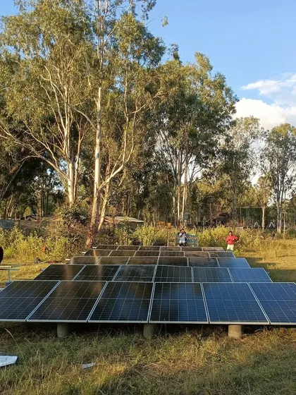 The nearly completed solar panel array for the festival. This setup demonstrates our capability to deploy temporary, high-capacity solar solutions for large-scale events, promoting sustainability in the arts.