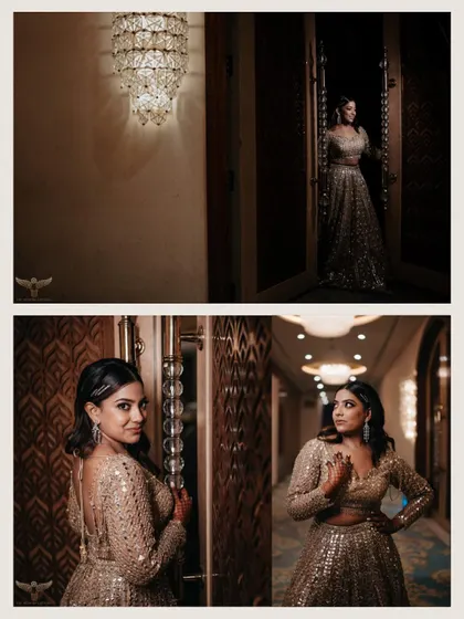 A collage of the bride in a glamorous, sequined gown. The shots in a hotel corridor use the architectural lighting to create a moody, high-fashion look perfect for a reception or cocktail party.
