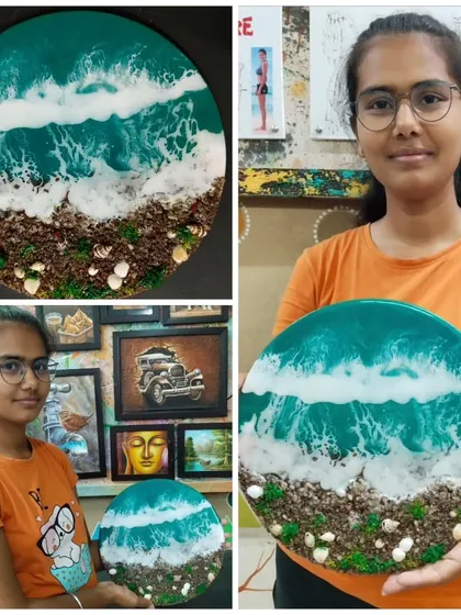 A collage showing the process and the final result of a student's resin beach art. We ensure you leave with a piece you're proud to display.