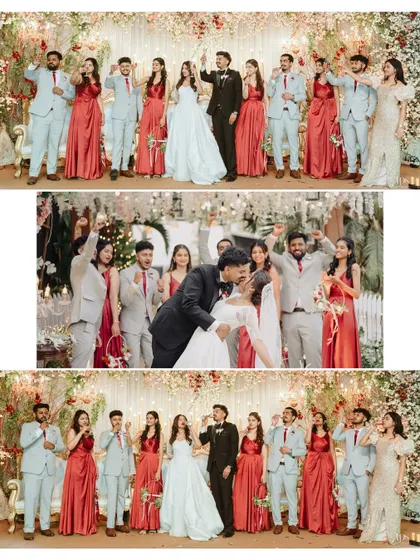 The wedding party celebrating with the happy couple. These photos are full of life, capturing the joy and support of friends and family on this special day.