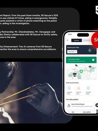 This image shows the app interface alongside a report of our safety partnership in Kasturi Nagar. The SOS feature is a critical component of our security enhancement for the entire area.