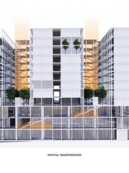 A sectional diagram of the Bagmane Co-living project. This shows the vertical transportation cores and the "breathing" spaces, or open atriums, that allow for natural light and ventilation throughout the building.