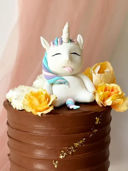 A funny and charming "fat unicorn" cake for someone with a sense of humour. The unicorn figure is sculpted to look like it's had a bit too much cake, sitting on a rich chocolate buttercream base.