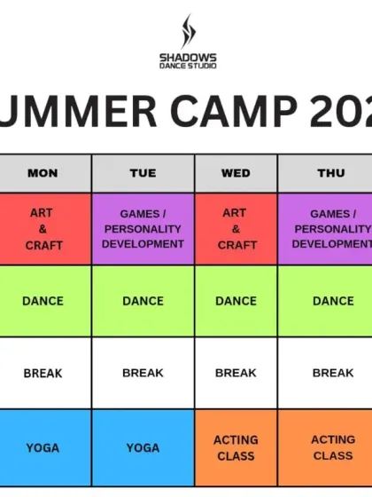 Here is the clear, structured schedule for our summer camp. I've planned each day to include a healthy mix of movement, creativity, and rest, from morning art sessions to afternoon acting classes. This timetable shows you exactly how we balance fun and learning from 9:30 AM to 1:00 PM.