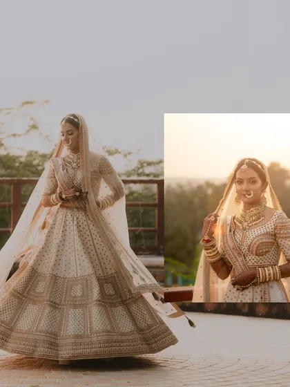 A collage featuring the bride twirling in her white lehenga and a beautiful golden-hour portrait, capturing her radiance.