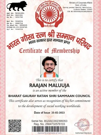My certificate of membership for the Bharat Gaurav Ratan Shri Samman Council, recognizing my commitment to social work worldwide.