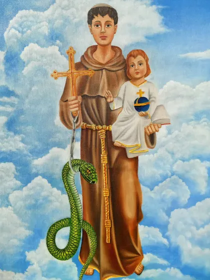 Another view of the finished Saint Anthony oil painting, displayed in natural light to show the true colors and details.