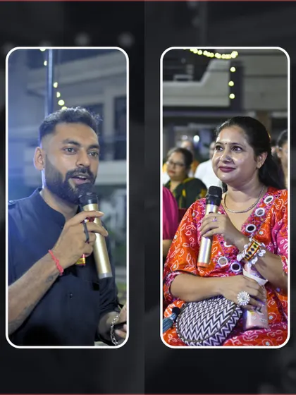 Passing the mic to a guest at the Garba night. I love making the event interactive, giving attendees their moment to shine.