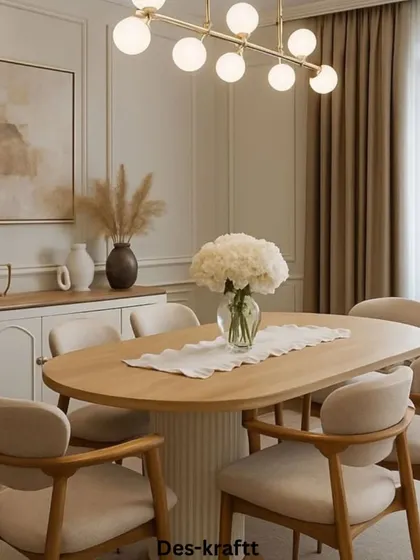 This dining space exudes a soft, Scandinavian feel with its oval oak table, comfortable upholstered chairs, and minimalist decor, creating a warm and welcoming atmosphere.