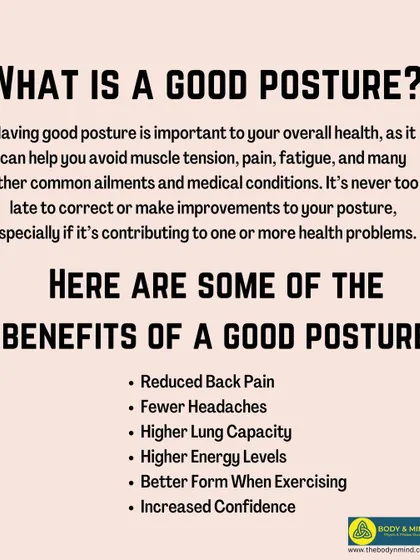 This infographic explains what posture is and its importance for overall health. Good posture helps reduce back pain, headaches, and fatigue while improving energy levels and confidence.