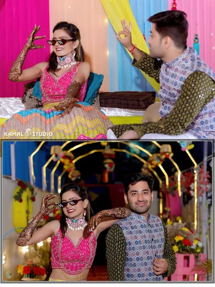 A fun and stylish collage of the couple at their Mehendi, with the bride wearing cool sunglasses.