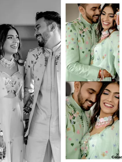 A split-frame edit, with a large black and white photo on one side and two smaller color photos on the other.