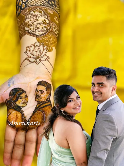 Another example of matching the henna portrait to the client's photo, with the phrase 'Forever & Ever & Always' etched above.