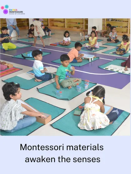 Our Montessori materials are designed to awaken the senses. The classroom is a hub of sensorial exploration, with children engaged in various tactile activities.