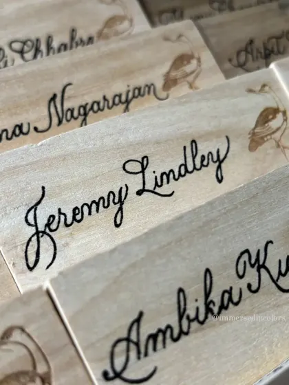 Each name is carefully written to fit the space, creating a collection of unique yet uniform place settings. This is perfect for adding a personal touch to large weddings, dinners, or corporate functions.