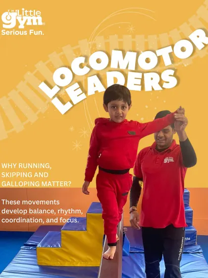 Part of our "Locomotor Leaders" series for Pre-K gymnasts. These images show children using hula hoops, balance beams, and crawling through tunnels to build skills like running, jumping, and skipping with confidence.