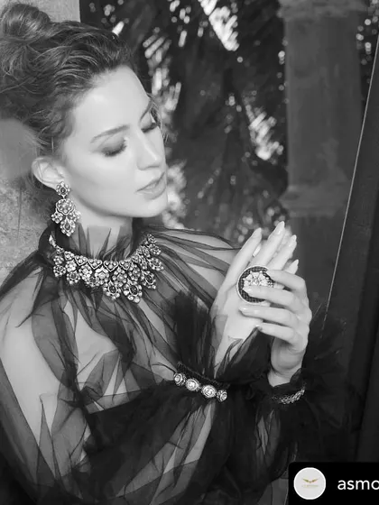 A beautiful, introspective pose from the A S Motiwala shoot, capturing the luxurious feel of the jewellery and the model's serene expression.