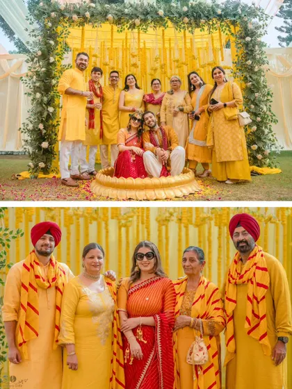 Two beautiful family portraits from a haldi ceremony. These photos capture the importance of family and togetherness during wedding celebrations.