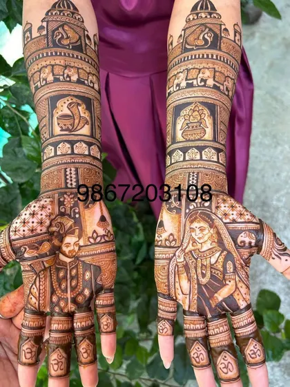 A very detailed bridal mehandi with clear portraits of the couple, Ganesha for blessings, and a procession of elephants.
