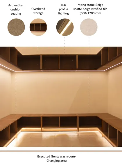 The executed changing area features ample overhead and low-level storage, crafted from warm wood. Art leather cushion seating provides comfort, while recessed LED profile lighting creates a calm and inviting atmosphere for members.