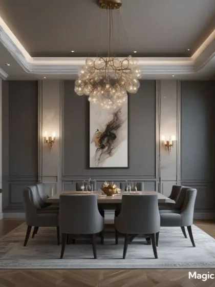 This formal dining room showcases classic elegance with its grey paneled walls, coffered ceiling, and a cascading crystal chandelier. The setting is perfect for sophisticated dinner parties, with comfortable seating for six.