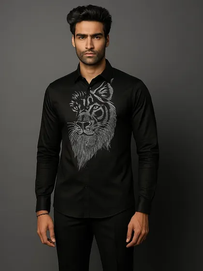 A medium shot of the lion shirt, showing how the design is placed asymmetrically for a modern, artistic feel. This is a key piece for any dapper wardrobe.