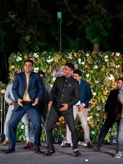 Another shot of the groomsmen's energetic performance. I use simple but powerful moves to create a high-impact routine.
