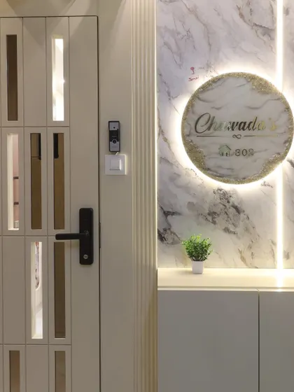 A close-up of the backlit nameplate and custom safety door. This highlights the fine details and craftsmanship that go into creating a memorable first impression.