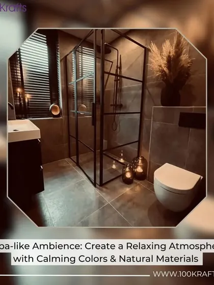 Creating a spa-like ambiance starts with calming colors and natural materials. This bathroom uses a neutral color palette, pampas grass decor, and candles to create a relaxing atmosphere.