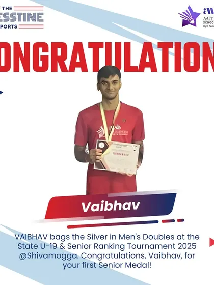 Commendations to Vaibhav for securing the silver medal in Men's Doubles at the State U-19 & Senior Ranking Tournament in Shivamogga. His first senior medal.